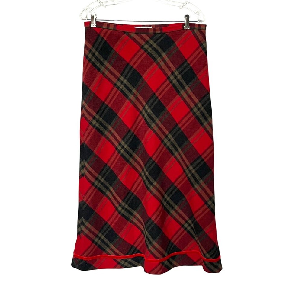 Britches Bias Plaid Wool‎ Skirt Size 12 Red Black Tartan Velvet Ribbon Trim